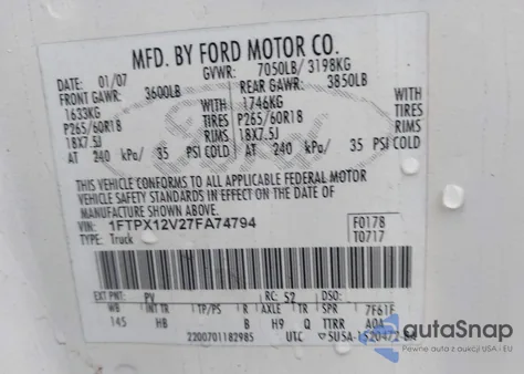 2007 Ford F150 из США, поврежденный, VIN 1FTPX12V27FA74794